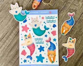 Purrmaids Bundle | Kawaii Cat Mermaid Sticker Sheet, 3 Waterproof Water Bottle Stickers and 1 Charming Glitter Keychain