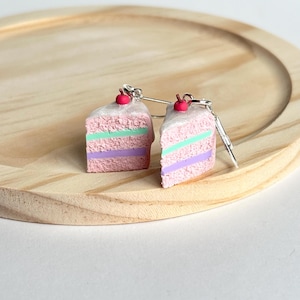 Cherry Cake Earrings | Handmade Polymer Clay Miniature Cake Slice Dangles | Cute Pastel Food Jewelry | Hypoallergenic Silver Plated