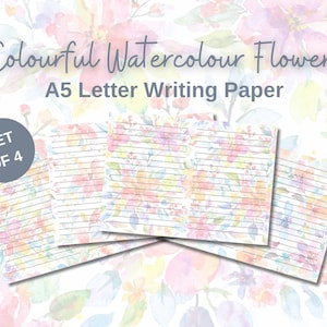 Papel de carta pautado com flores coloridas em aquarela, papel de nota floral bonito, A5 para impressão em casa, papel botânico do Ministério TJ para ela
