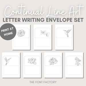 Juego de sobres para escribir cartas con arte de línea continua, 7 diseños, imprimibles fáciles de hacer en casa, papelería femenina asequible, impresión en papel A4