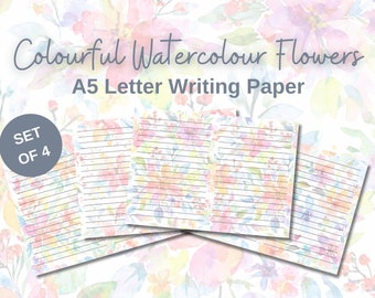 Colourful Watercolour Flower Lined Letter Writing Paper, Pretty Floral Note Paper, A5 Printable at home, Botanical JW Ministry Paper for Her