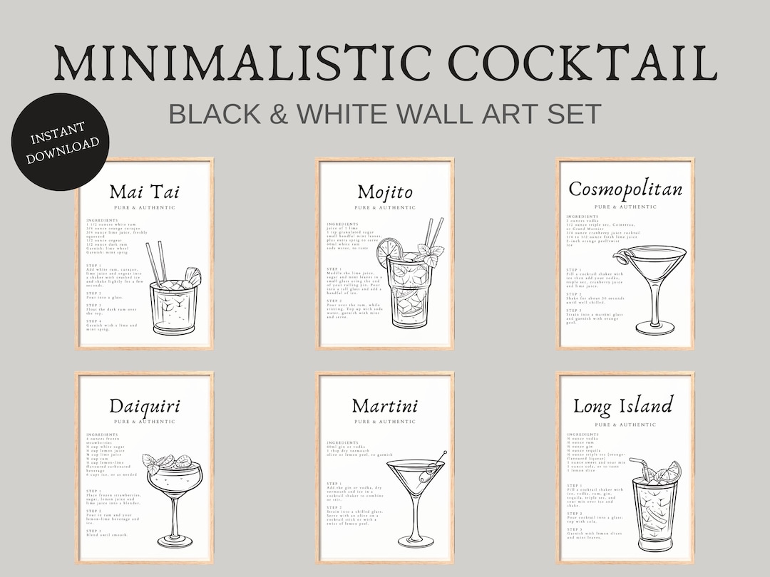 printable kitchen prints wall art, set of 6, hand... Cocktail Recipes Wall Art, Black and White Prints, Adult Coloring (A4 ...