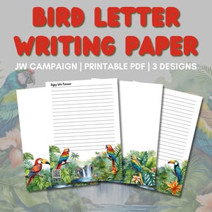 Papel para escribir cartas imprimible en PDF con diseño de pájaro, tamaño A4 y A5, campaña "Disfruta la vida para siempre", estilo acuarela de tucán loro, opciones de página rayada y en blanco.