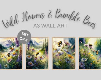 Watercolour Wild Flowers & Bumble Bees Wall Art, Set of 4, A3 Posters, PDF Printable, Instant Download, Whimsical Floral Botanical Decor