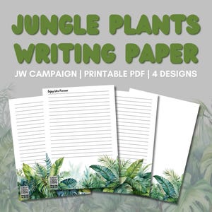 Papel para cartas imprimible en PDF con plantas de la selva (A4/A5), diseño de hojas, campaña "Disfruta la vida para siempre" de JW, estilo acuarela, opciones de página rayada y en blanco.