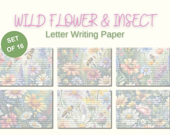 Wild Flower Insect Letter Writing Paper, A5 Pages Lined Note Paper Set of 16, Floral Botanical Stationery A4 Print at home, Instant Download