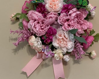 10 Inch Pink Peony Wreath with bow and Butterflies