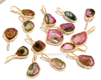 Bio Tourmaline Charm, Gemstone Pendant Connector, Silver Bezel