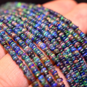 Opal Beads Plain Rondelle Beads Black Opal Smooth Beads Loose Opal Beads Lot, Multi Fire Black Opal Strand for Necklace & Bracelet
