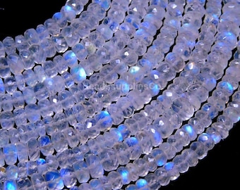 AAA+ Quality 100% Natural Rainbow Moonstone Faceted Rondelle Beads, 10” Inch Strand, Flashy Rainbow Moonstones Beads, 4,5,6 MM