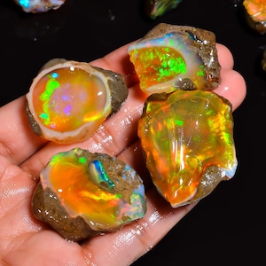 May include: Four raw opal gemstones with vibrant colors of orange, yellow, and green. The opals are held in a hand, showcasing their unique patterns and iridescence. The rough, natural stones have a dark brown matrix.
