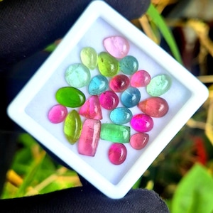 Puede incluir: Una colección de gemas de colores en una bandeja cuadrada blanca. Las gemas son de varias formas y tamaños, incluyendo ovaladas, redondas y rectangulares. Los colores incluyen rosa, verde, azul y rojo. La bandeja se sostiene sobre un fondo de hierba verde.