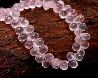 Perles en forme de gouttes à facettes en quartz rose Perles en quartz rose Briolette, gouttes de rose, gouttes de quartz rose coupées sur le côté en gros