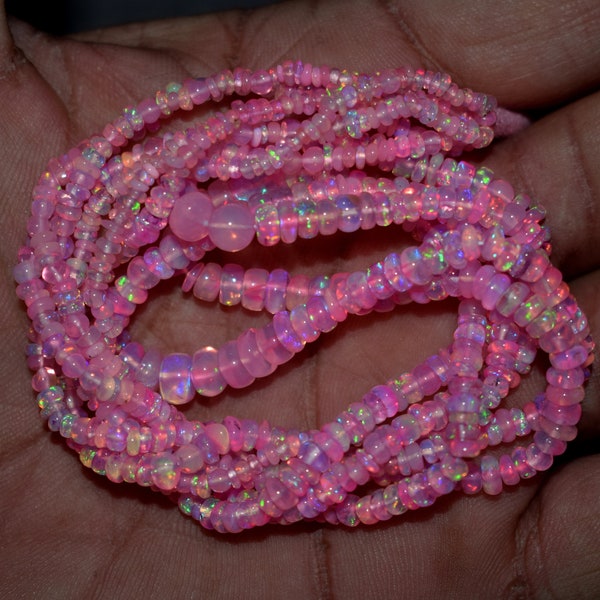 AAA Pink Ethiopian Opal Smooth Rondelle Beads - Multi Fire Pink Opal Rondelle Beads, 3 mm - 5 mm Welo Pink Opal Beads, Flashy Opal Gemstone