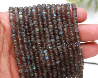 Blue Flash Labradorite Beads: AAA Faceted Rondelle, 4mm