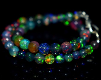 Black Opal Bracelet, 3x5 MM Black Opal Beaded Bracelet, Adjustable Length Opal Bracelet. Opal Balls.