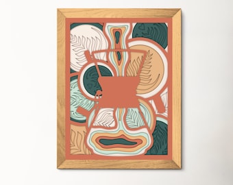 Könnte beinhalten: Eine gerahmte Illustration einer Kaffeekanne mit einem mehrschichtigen Papierschnitt-Design. Das Design zeigt eine Kaffeekanne mit Blättern und Wirbeln in Grün-, Braun- und Orangetönen.