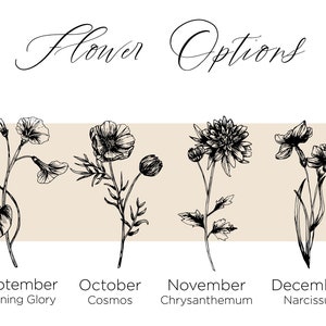 Puede incluir: Dibujos en blanco y negro de cuatro flores diferentes, cada una representando un mes diferente. Septiembre: Gloria de la ma&ntilde;ana, Octubre: Cosmos, Noviembre: Crisantemo, Diciembre: Narciso.