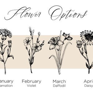 Puede incluir: Dibujos en blanco y negro de cuatro flores diferentes, cada una representando un mes del a&ntilde;o. Enero es un clavel, febrero es una violeta, marzo es un narciso y abril es una margarita.