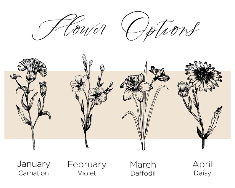 Puede incluir: Dibujos en blanco y negro de cuatro flores diferentes, cada una representando un mes del a&ntilde;o. Enero es un clavel, febrero es una violeta, marzo es un narciso y abril es una margarita.