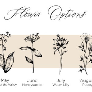 Puede incluir: Una ilustraci&oacute;n en blanco y negro de cuatro flores diferentes, cada una representando un mes diferente. Mayo es lirio de los valles, junio es madreselva, julio es nen&uacute;far y agosto es amapola.