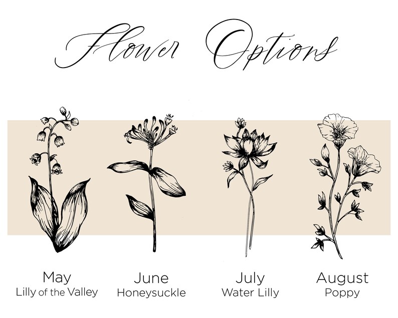 Puede incluir: Una ilustraci&oacute;n en blanco y negro de cuatro flores diferentes, cada una representando un mes diferente. Mayo es lirio de los valles, junio es madreselva, julio es nen&uacute;far y agosto es amapola.