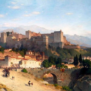 La collina dell'Alhambra, Granada 1865: tela tesa, carta arrotolata e opzioni di stampa incorniciata