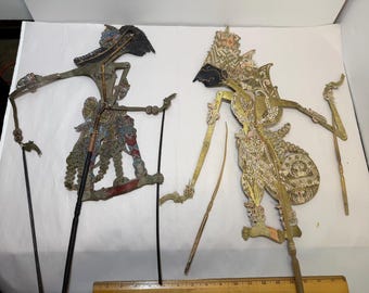 Juego de 2 marionetas de sombras indonesias javanesas Wayang Kulit antiguas de gran tamaño