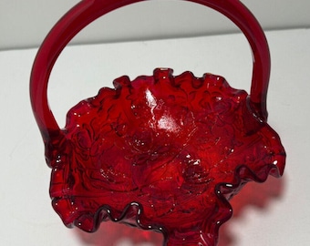 Fenton Ruby Red Glass 6" Handled Bowl Basket Roses Pattern