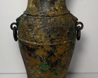 Vintage Reproduction Brass Bronze Vase Urn Painted Patina Textured 9.5"