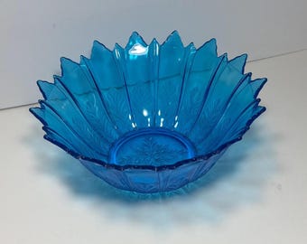 Antique Peacock Blue Pressed Glass Pointed Edge 10" Serving Bowl