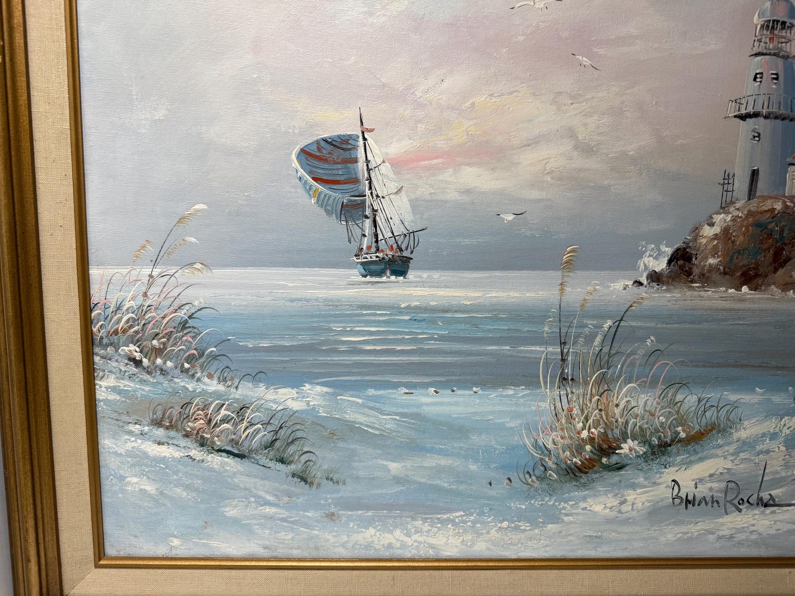 Brian Roche Lighthouse Oil Painting Original Signed Framed Sailboat 29 ...