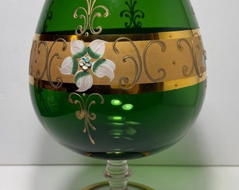 Czech Bohemian Emerald Green Glass Large 11.5" Snifter 24K Gold Hand Painted