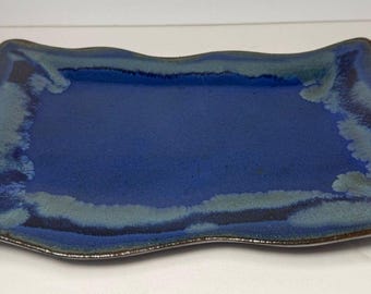 Handmade Signed Studio Art Pottery Blue 10" x 7" Footed Tray