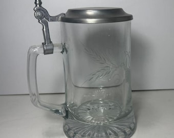 Vintage Glass Beer Stein w/ Pewter Lid Etched Barley & Hops