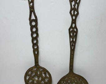 Vintage Ornate Brass Serving Utensils with Filigree Patterns