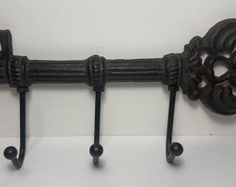 Vintage Cast Iron Skeleton 3 Hook Key Holder Wall Mount Hanger 9"