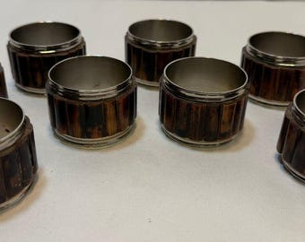 Set of 8 Godinger Silver-Plated w/ Wood Accents Napkin Rings Holders