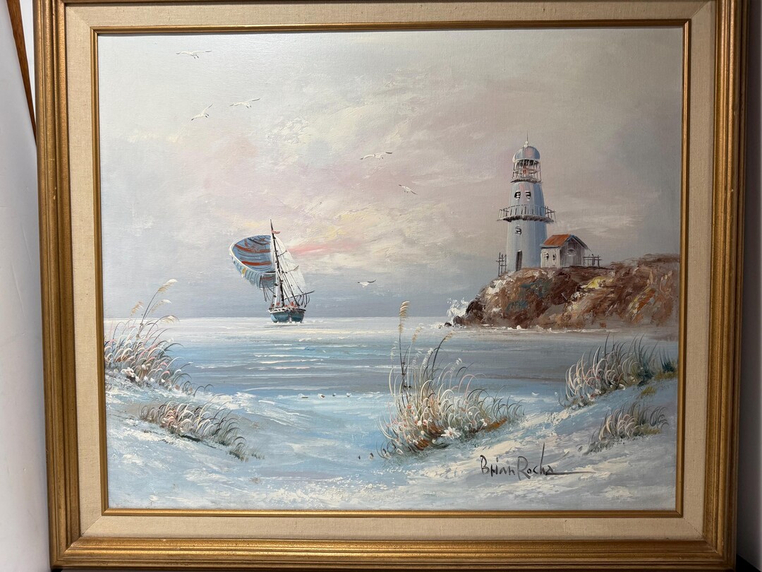 Brian Roche Lighthouse Oil Painting Original Signed Framed Sailboat 29 ...