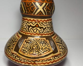 Peruvian Shipibo Conibo Hand Made Painted Face Clay Pottery Jug 8.5" Tall
