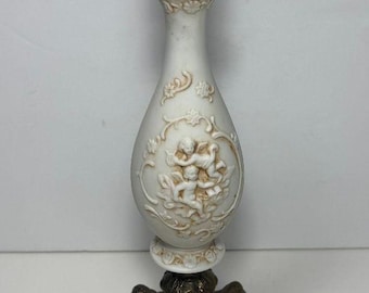 Vintage White Ceramic Table Lamp Cherub Angels Heavy Brass Base 12.5" Tall