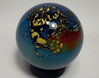 Josh Simpson Signed Art Glass Inhabited Little Planet Sphere 1.75"