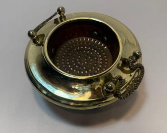 Vintage Polished Brass & Copper Brazier Ashtray Footed Handles 6" Wide