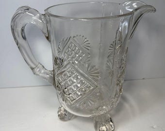 Vintage EAPG 3 Footed Heavy Clear Glass Pitcher 8.5" Tall
