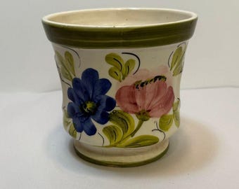 Vintage Brazilian Hand Painted Planter Plant Pot Floral Design 5" Brazil