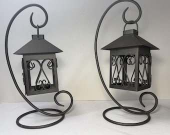 Set of 2 Metal Hanging Tea Light Lanterns Lamps 11" Tall