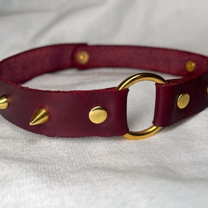 Gold & Maroon Leather Choker with Spikes (14.5 inches in length)