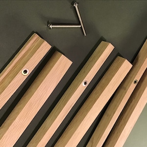 May include: Five wooden pieces with pre-drilled holes and metal screws. The wood is a light brown colour.