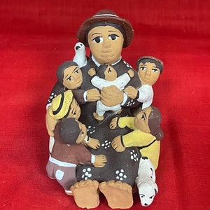 Peruvian Storyteller with 6 children, dog and bird, Clay Folk Art Handpainted Made In Peru