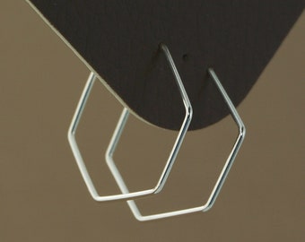 Sterling Silver Hexagon Geometric Hoop Earing, Simple Minimal Geometry for Subtle Everyday Style, Modern Contemporary Design Ear Lobe Pierce